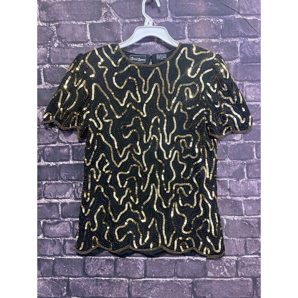 VTG Jewel Queen Top Womens Medium Black Gold Silk Beaded Embellished Formal